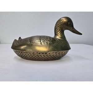 VTG Solid Brass Mallard Duck 2 Piece Dish Lidded Container